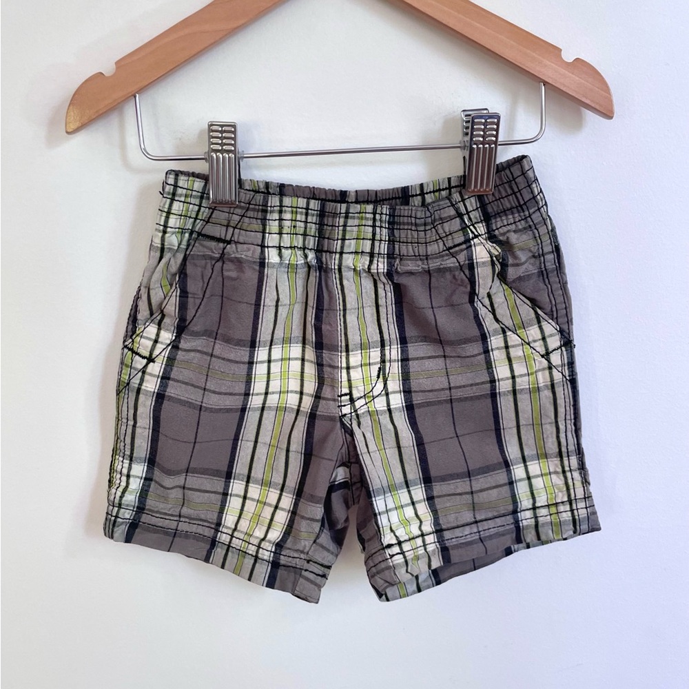 5/$20💥Madras Plaid Twill Shorts, Woven 100% Cotton, Pockets, White Gray Lime